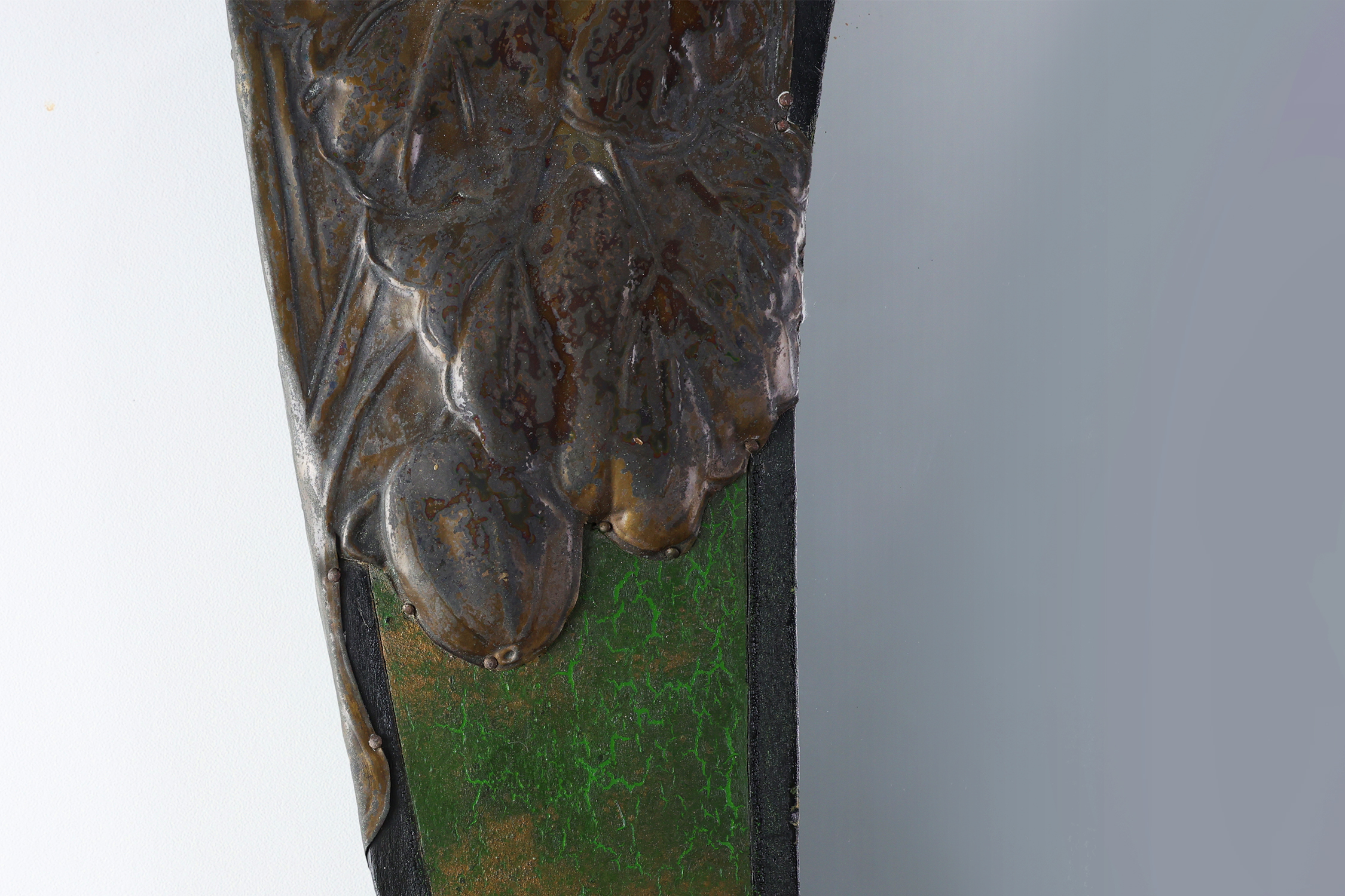 Arts & Crafts Mirror in green metal with glass decoration, France ca. 1905 thumbnail